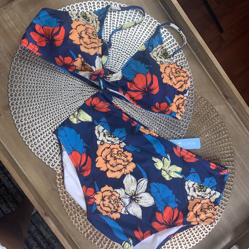 Blue Floral Tie Front High Waisted 2 Piece • NWT